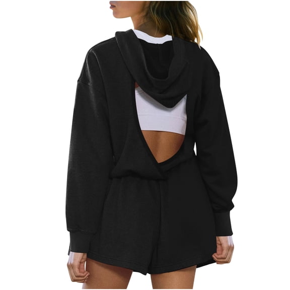 KyCheLot Womens Jumpsuit Short Fall Hooded Long Sleeve Back Hollow out Loose Sweatsuits Clothes