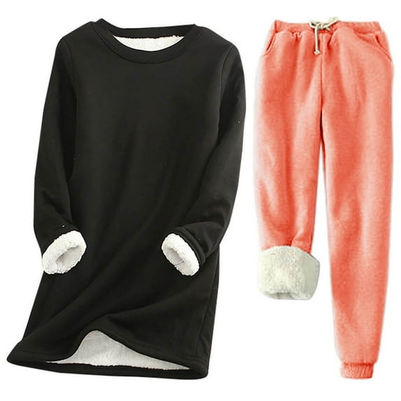 KyCheLot Womens Warm Casual Set Fleece Lined Long Sleeve Tunic Shirts and Elastic Tapered Pants Homewear