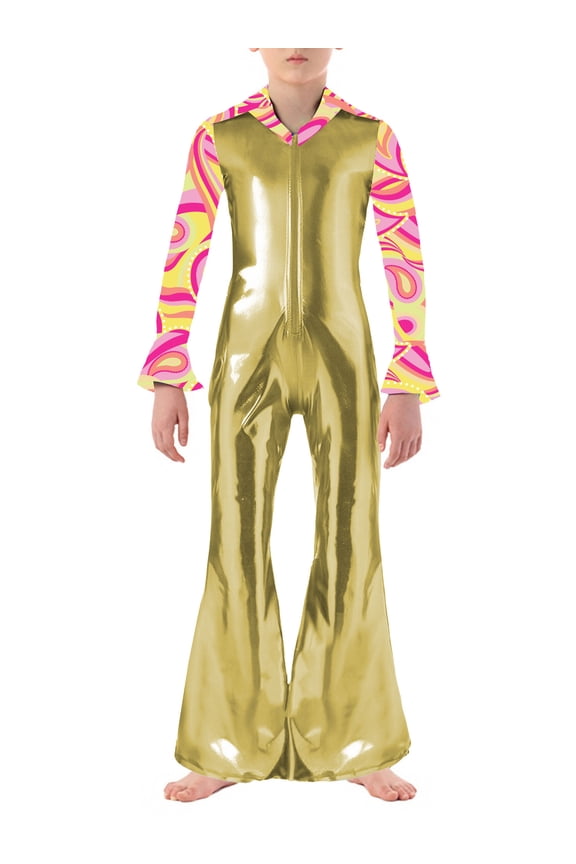 Boys Disco Overalls Metallic Printed Long Sleeve Zip Up Bell Bottom Dance Jumpsuits Gold 16