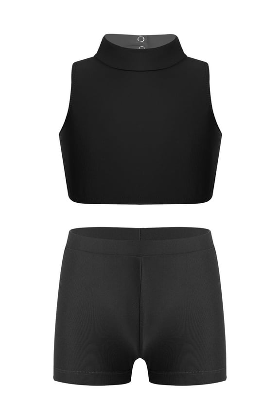 Child Girls Two Piece Dance Outfit Racer Back Crop Tops with Shorts Set Fitness Gym Workout Black 6