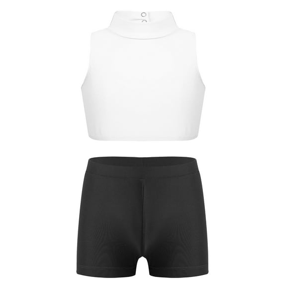 Jhaoyu Child Girls Two Piece Dance Outfit Racer Back Crop Tops with Shorts Set Fitness Gym Workout Ivory&Black 8