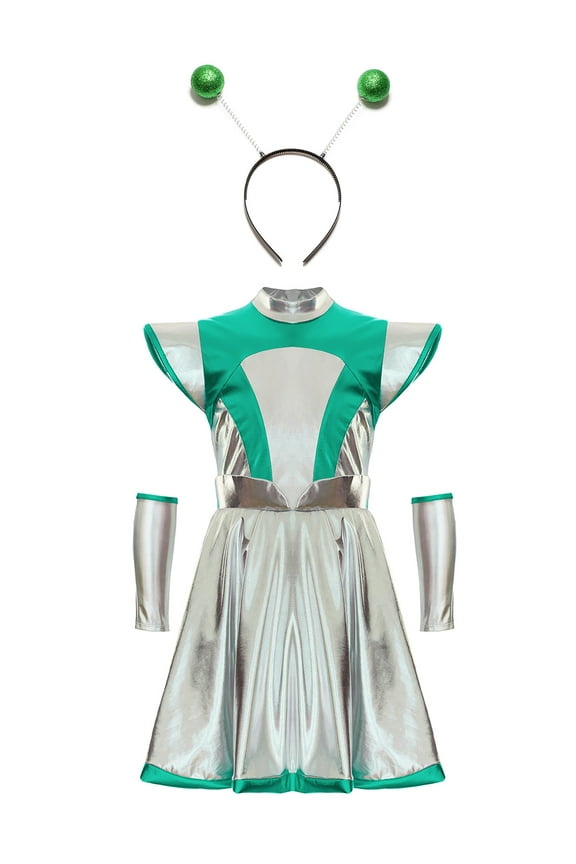 Girls Alien Costume Cap Sleeve A-line Dress with Arm Sleeve Hair Hoop Outer Space Man Outfit Green 12