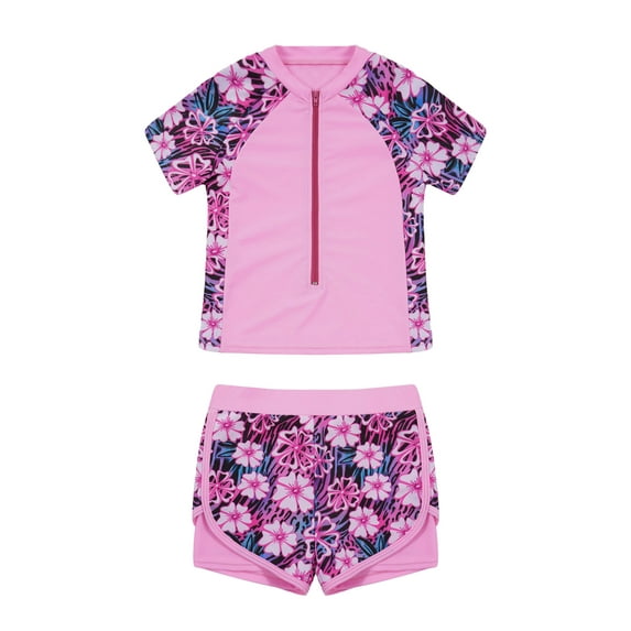 Jhaoyu Girls Floral Swimsuit Short Sleeve with Shorts Beach Sports Swimwear Rash Guard Bathing Suit Pink Floral 6