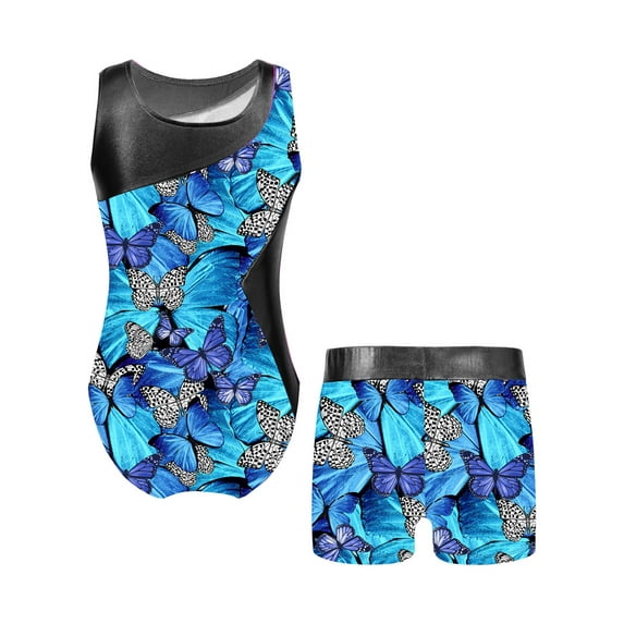 Jhaoyu Girls Gymnastics Dance Sports Outfits Ballet Leotard with Shorts Set Athletic Dancewear Butterfly Blue 4