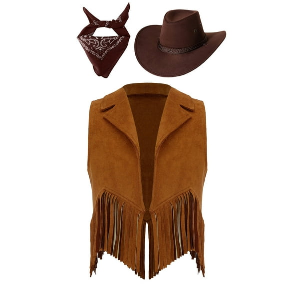 Jhaoyu Girls Western Cowgirl Outfit Kids Open Front Cowboy Vest Jacket with Hat Bandana Fancy Outfit Brown 8