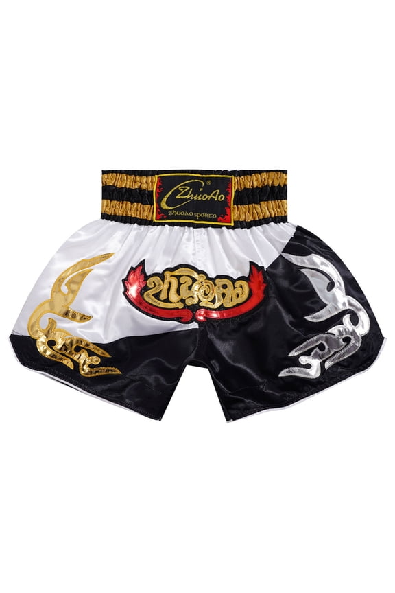 Kids Boys Boxing Grappling Shorts Kickboxing Fighting BJJ Trunks Side Slit Short Bottoms Loose Black&White XL/170
