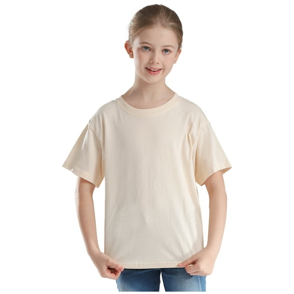 Jhaoyu Kids Boys Girls Solid Color Short Sleeve T-Shirt Casual Crew Neck Basic Tees Top School Shirts Beige 130