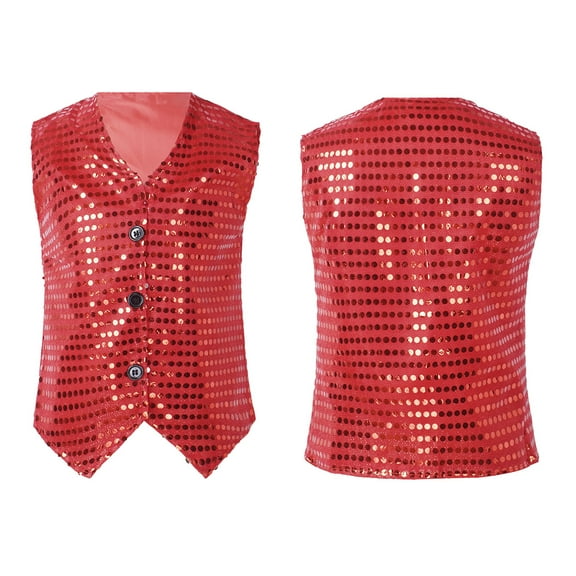 Jhaoyu Kids Boys Girls Sparkly Vest Waistcoat Costume for Hip Hop Jazz Modern Dance Performance Red 140