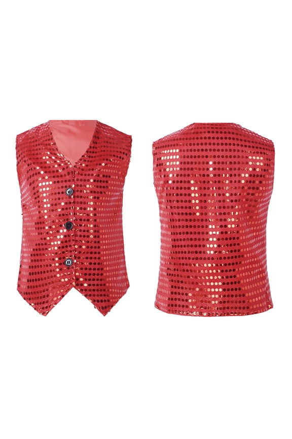 Kids Boys Girls Sparkly Vest Waistcoat Costume for Hip Hop Jazz Modern Dance Performance Red 140