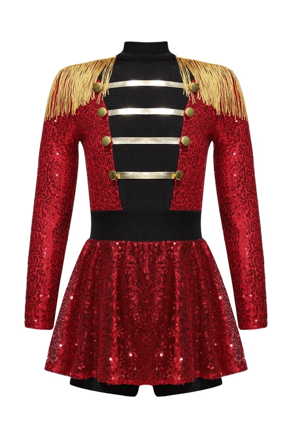 Kids Girls Circus Ringmaster Costume Halloween Costume Shiny Sequins Unitard Jumpsuit Party Red 6