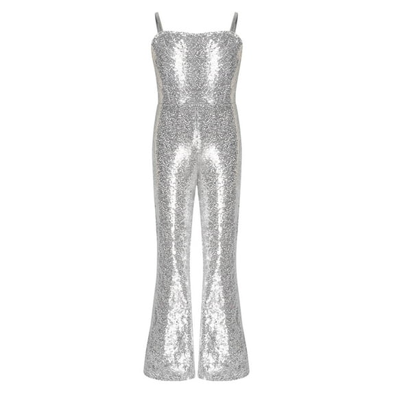 Jhaoyu Kids Girls Shiny Sequins Bell Bottoms Dance Jumpsuit Halloween Carnival Party Movie Character Silver 8