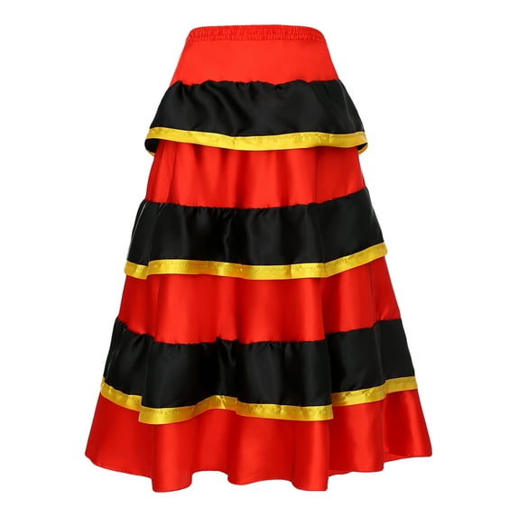 Jhaoyu Kids Girls Spanish Bull Dance Skirt Belly Dance Skirts Big Swing Flamenco Gypsy Dancer Red 155-160