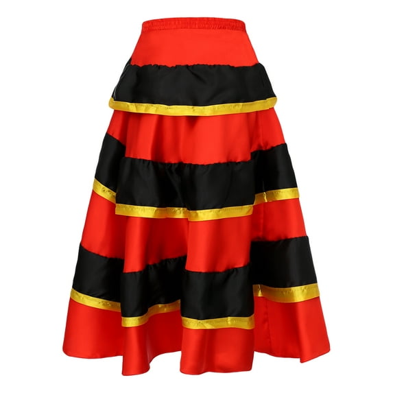 Jhaoyu Kids Girls Spanish Bull Dance Skirt Belly Dance Skirts Big Swing Flamenco Gypsy Dancer Red&Black 166-175