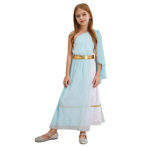 Jhaoyu Lyrical Dance Dress for Girls One Shoulder Ruffles Greek Nymph Toga Gown Light Blue 10