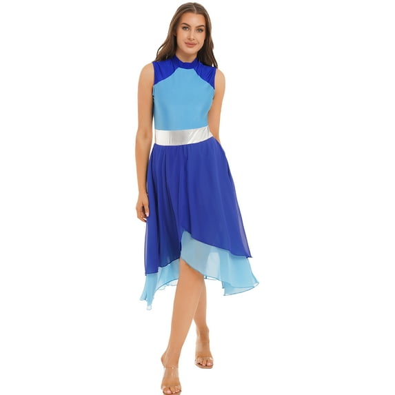 Jhaoyu Lyrical Dance Dress for Women Color Block Chiffon Patchwork Performance Costume Praise Dress Blue S