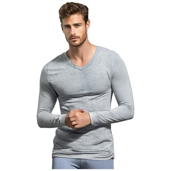 Jhaoyu Men's Fashion V Neck Slim Fit Top Shirt Stretch Long-Sleeve Basic Solid Color Muscle Grey 3XL