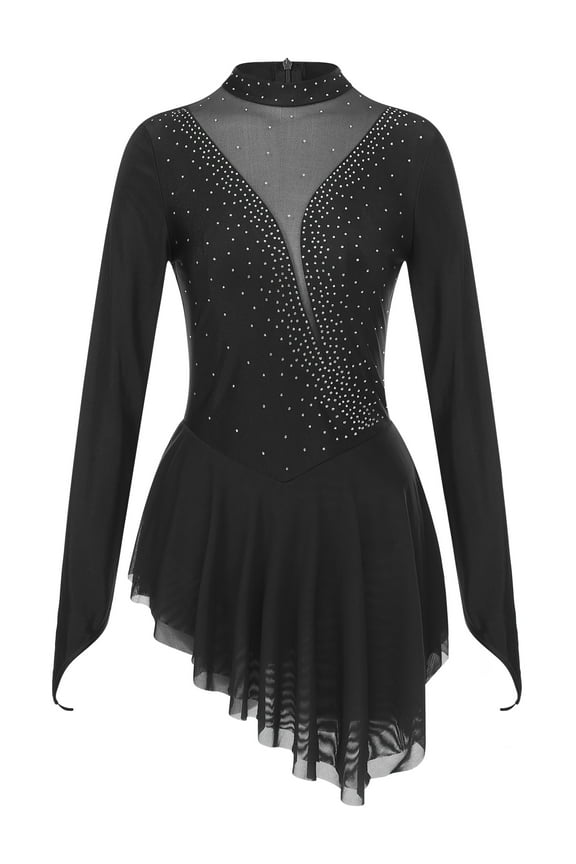 Women Figure Skating Dress Mesh Patchwork Glitter Rhinestone Irregular Hem Performance Dance Black S