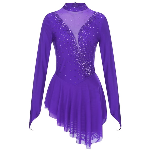 Jhaoyu Women Figure Skating Dress Mesh Patchwork Glitter Rhinestone Irregular Hem Performance Dance Purple M