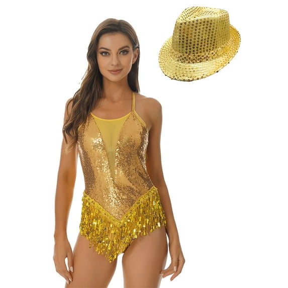 Jhaoyu Women Glittery Sparkly Fringe Dance Leotard with Hat Set Outfit Latin Jazz Ballroom Gold XL