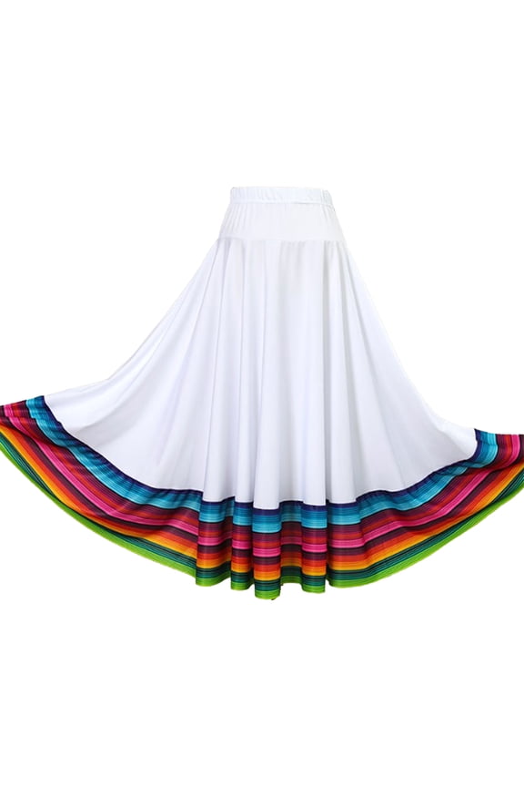Women Spanish Flamenco Dancer Skirt Plus Size Rainbow Folklorico Mexican Swing Skirt Bull White 75cm L