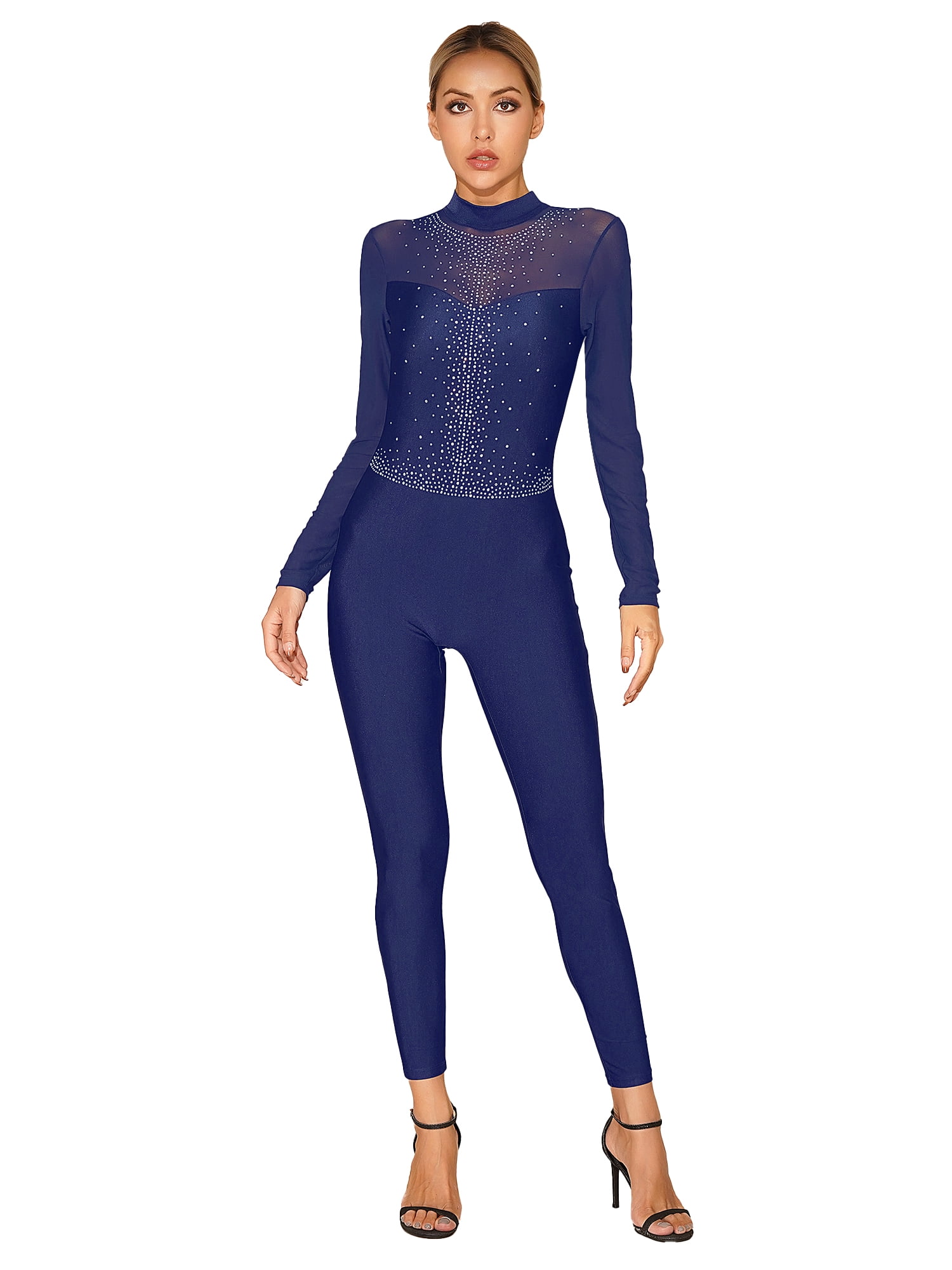 Jhaoyu Women's High Neck Shiny Rhinestone One Piece Unitard Full Body ...