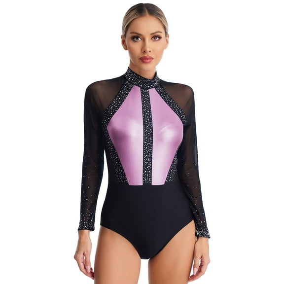 Jhaoyu Women's Sheer Mesh Long Sleeve Bodysuit Sparkle Backless Ballet Leotards Gymnastics Dancewear Pink L
