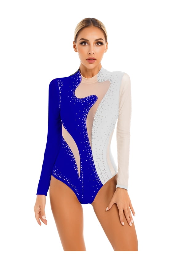 Womens Adult Rhinestone Gymnastics Leotard Dance Bodysuit Acrobatics Figure Skating Jumpsuit White&Royal Blue S