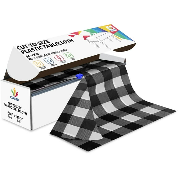 Jhdzdhy 54" X 100ft Plastic Table Cover Roll Disposable Tablecloth with Slide Cutter for Parties,Black Checkered
