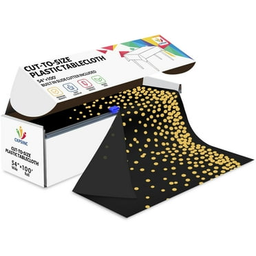 Jhdzdhy 54" X 100ft Plastic Table Cover Roll Disposable Tablecloth with Slide Cutter for Parties,Black & Gold Dot