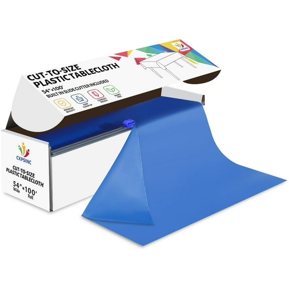 Jhdzdhy 54" X 100ft Plastic Table Cover Roll Disposable Tablecloth with Slide Cutter for Parties,Blue
