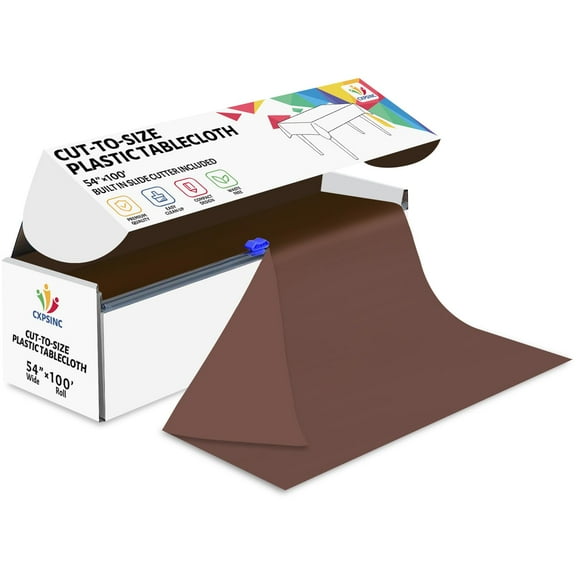 Jhdzdhy 54" X 100ft Plastic Table Cover Roll Disposable Tablecloth with Slide Cutter for Parties,Brown