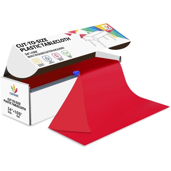 Jhdzdhy 54" X 100ft Plastic Table Cover Roll Disposable Tablecloth with Slide Cutter for Parties,Red