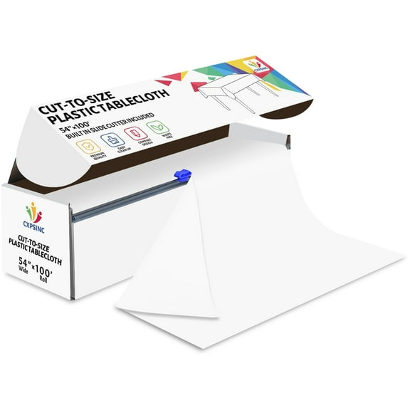 Jhdzdhy 54" X 100ft Plastic Table Cover Roll Disposable Tablecloth with Slide Cutter for Parties,White