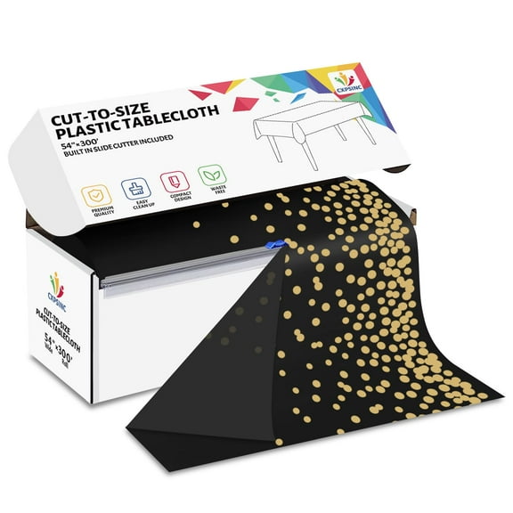 Jhdzdhy 54" X 300ft Plastic Table Cover Roll Disposable Tablecloth with Slide Cutter for Parties,Black & Gold Dot