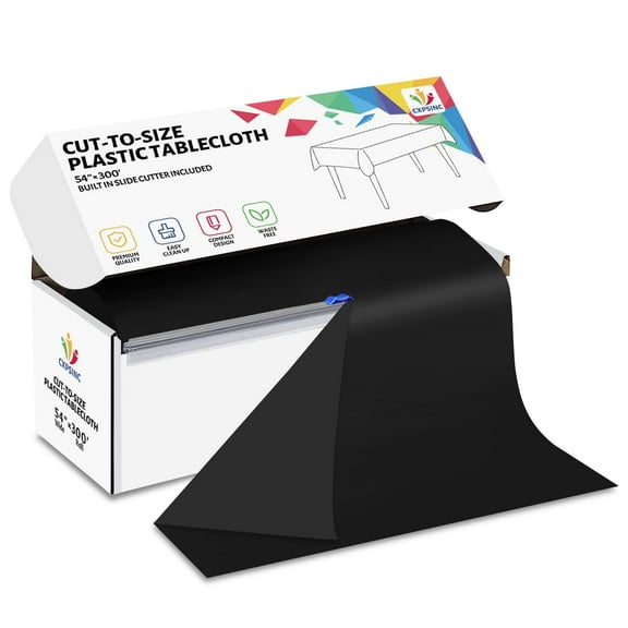 Jhdzdhy 54" X 300ft Plastic Table Cover Roll Disposable Tablecloth with Slide Cutter for Parties,Black
