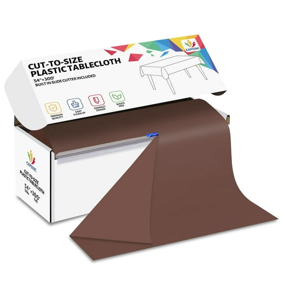 Jhdzdhy 54" X 300ft Plastic Table Cover Roll Disposable Tablecloth with Slide Cutter for Parties,Brown