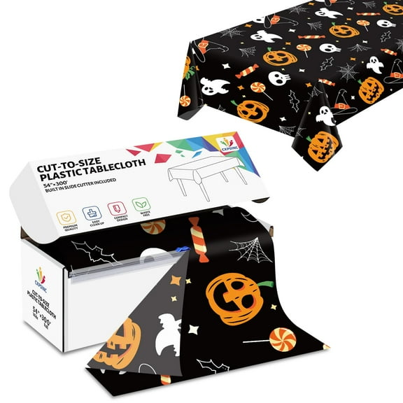 Jhdzdhy 54" X 300ft Plastic Table Cover Roll Disposable Tablecloth with Slide Cutter for Parties,Pumpkin Ghost