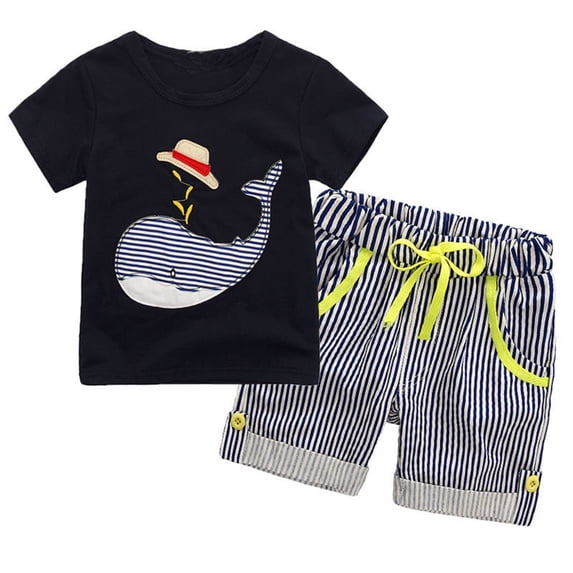 Piomll Boys Matching Sets Cartoon Sea Animal Embroidery Short Sleeve Shirt Striped Shorts 2Pcs Summer Kids Clothes