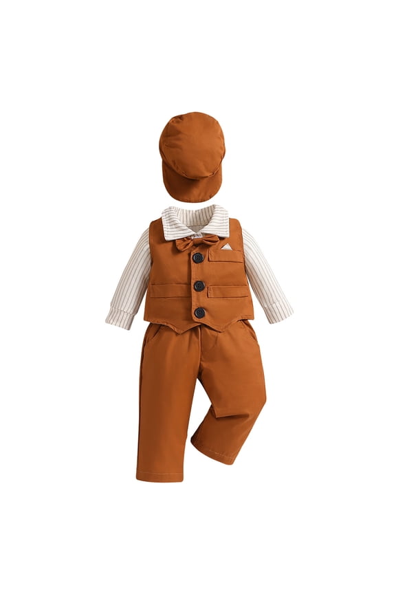 Piomll Boys Matching Sets Shirt Pants Vest Coats Hats 4Pcs Gentleman Bowtie Suit Overalls Kids Clothes