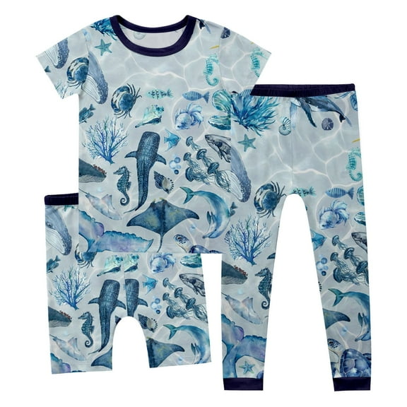 Piomll Boys Outfit Sets Casual Pajamas Cartoon Turtle Ocean Print Short Sleeve Shorts Pants 3 Pcs Home Comfort Athletic Fall Clothes