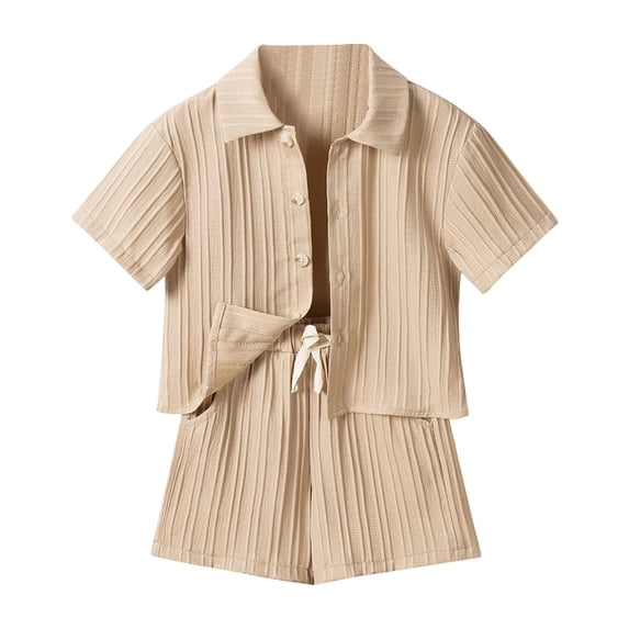 Piomll Boys Outfit Sets Ribbed Button Down Shirt Shorts Pocket 2 Pcs Fall Outfits