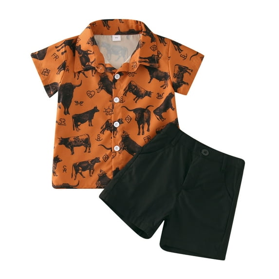 Piomll Matching Sets for Boys Short Sleeve Cartoon Print T Shirt Shorts Gentleman Suits Kids Clothes