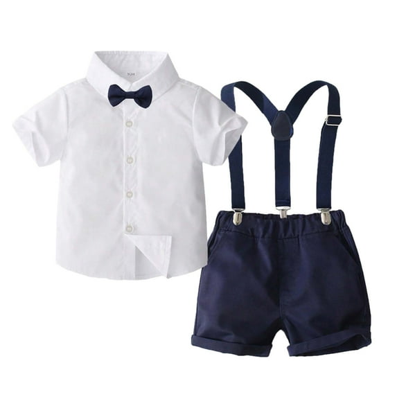 Piomll Outfit Sets for Boys Formal Casual Wedding Gentleman Dress Shirt Suspenders Shorts 2 Pcs Kids Clothes