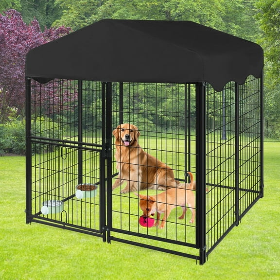 Jhsomdr Outdoor Dog Kennel 4.2ft x 4ft x 4.5ft Welded Wire Large Dog Kennel Dog Cage for Medium/Small Dogs, Heavy Duty Dog Crate with Rotating Feeding Door & UV-Resistant Cover