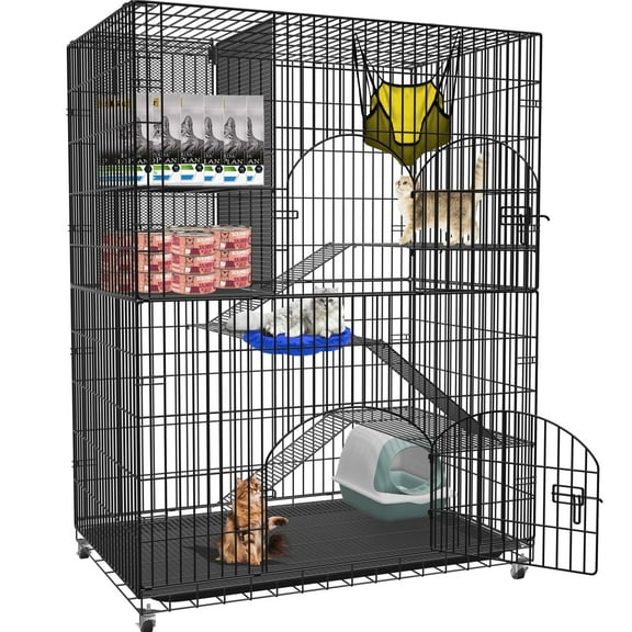 Jhsomdr 4-Tier Large Cat Cage Indoor Cat Enclosures with Storage Cube 58"H Collapsible Metal Cat Playpen Ferret Cage Outdoor Cat Kennel with 2 Doors