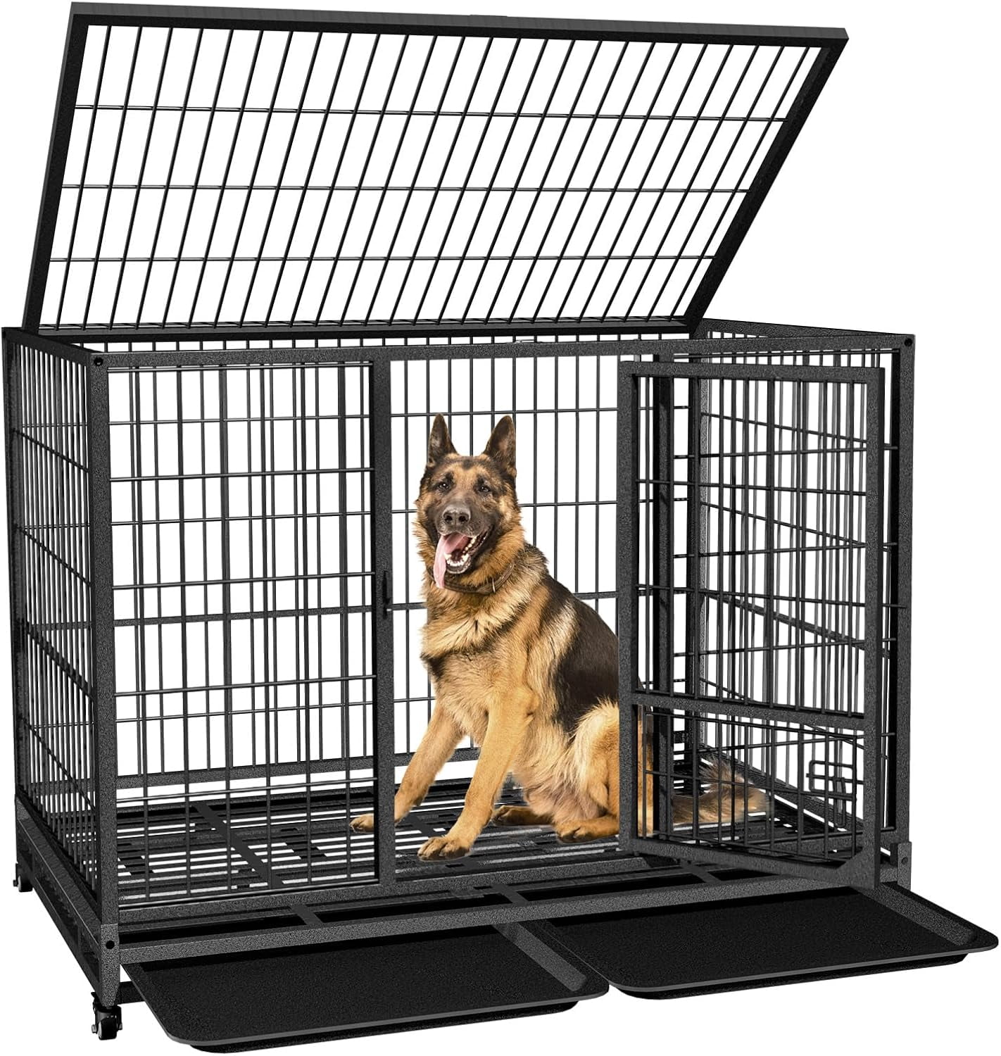 Jhsomdr 42 inch Heavy Duty Dog Crate with Wheels, Indestructible Dog Crate for High Anxiety, Escape Proof Dog Cage Large Dog Kennel with Double Door & Removable Tray