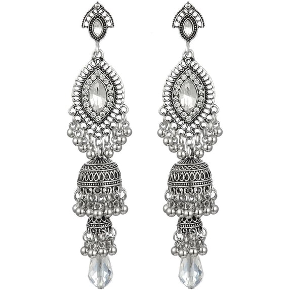 Jhumka Long Tassel Bell Earrings Vintage Jhumki Bollywood Traditional Ethnic Dangle Drop Bohemian Chandelier Earring for Women Oxidized Crystal Wedding Party Festival Indian Jewelry Gift