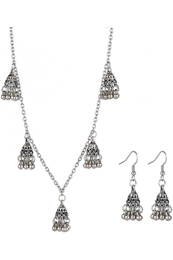 Jhumka Tassel Drop Earrings Necklace Set Bridal for Women Traditional Bohemian Jhumki Ethnic Dangling Earring Vintage Choker Pendant Necklaces Boho Bollywood Tribal Egypt Gypsy Indian Wedding Jewelry