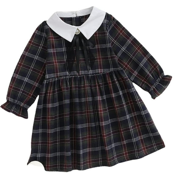 JiAmy Kids Baby Girls Princess Dress Bow Tie Doll Neck Plaid Dress Long Sleeve Skirt,Black
