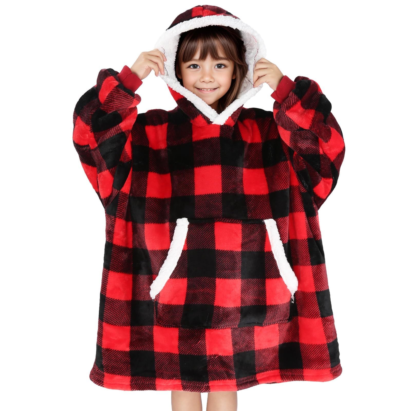 JiAmy Wearable Blanket Hoodie,Kids Oversized Flannel Sherpa Blanket